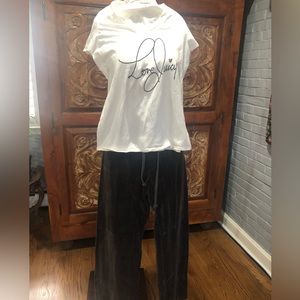 Juicy Couture short sleeve t-shirt and gray velour bottoms.